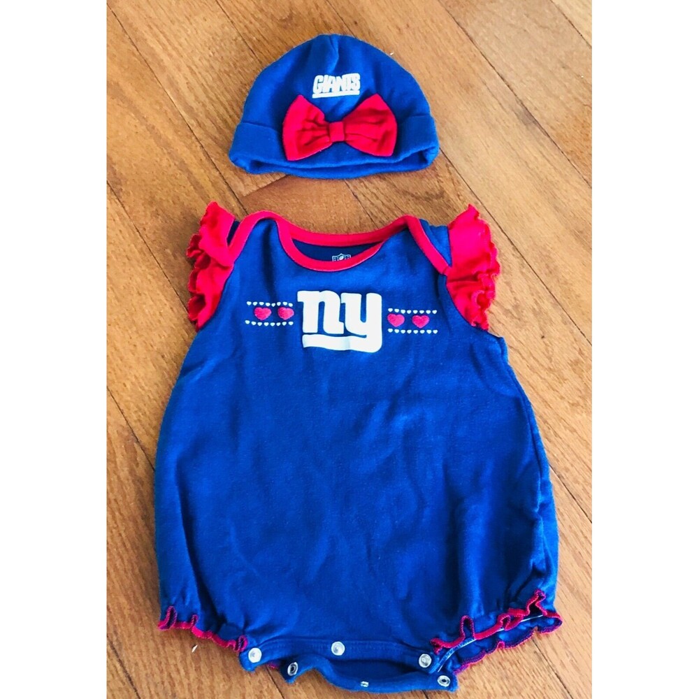 NFL New York Giants Girl 6-9M Creeper One-Piece With Hat W/Red Bow